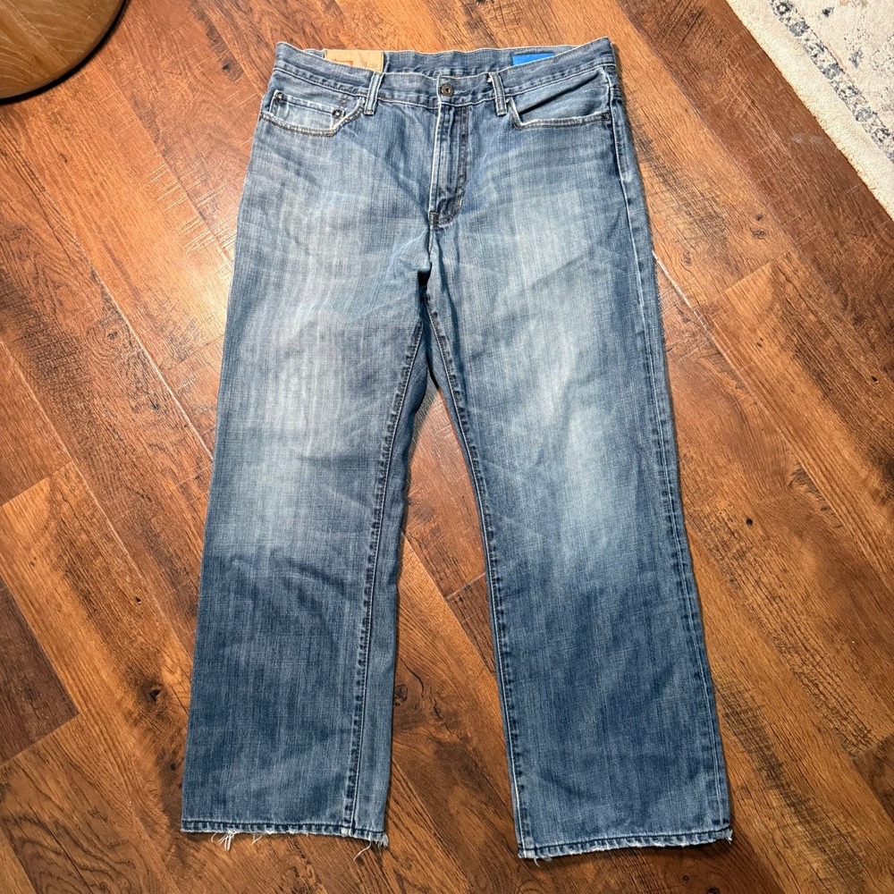 Gap 1969 Loose Straight Fit Jeans Mens 34x30 Medium Wash Denim Distressed Hem